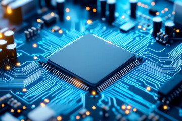 A detailed close-up of a microchip on a circuit board, showcasing intricate blue circuitry and glowing components, symbolizing advanced technology.