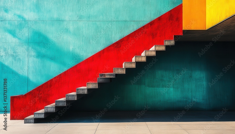 Poster vibrant urban stairs with bold colors and geometric patterns in a lively city setting during bright 