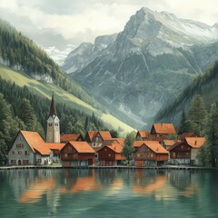 Fototapeta premium Scenic Village by Lakeside with Alpine Mountains and Forest Reflections Beautiful Serene Landscape Painting with Traditional Homes and Tower Church in Summer Season