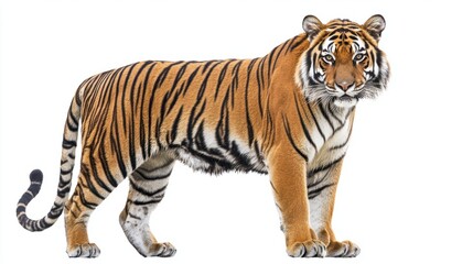 Obraz premium Majestic tiger standing tall against a plain white background