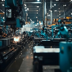 Industrial Factory Interior with Robotic Machines Sparks and Blue Tones Photo