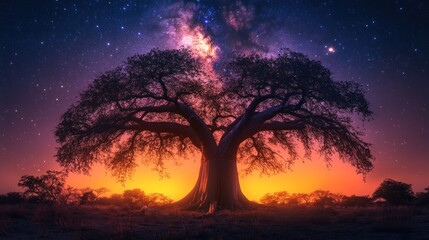 Obraz premium Majestic baobab tree under a vibrant Milky Way sunset