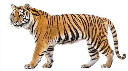 Obraz premium Majestic Tiger Walking Gracefully on a White Background