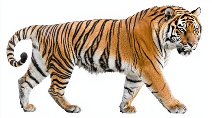 Obraz premium Majestic Tiger Walking with Striking Stripes Against White Background