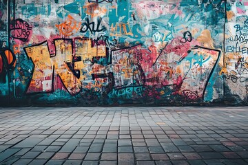 Fototapeta premium A colorful graffiti covered wall is next to a brick surface