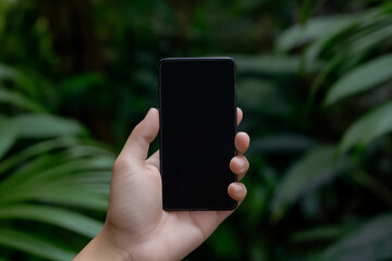 Hand holding a blank smartphone in front of lush green foliage during daylight hours