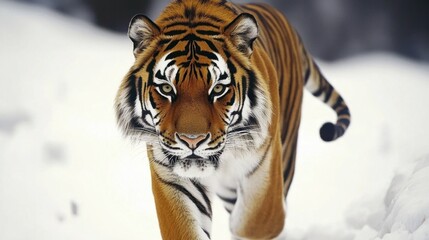 Majestic Tiger Walking Through a Snowy Landscape in Winter