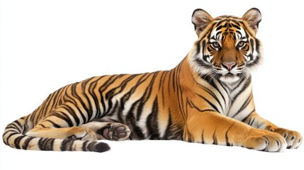 Obraz premium Majestic Bengal Tiger Lying on White Background with Intense Gaze