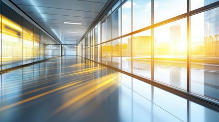 Modern office hallway with city view