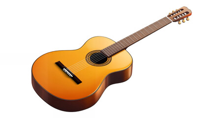 Obraz premium Small classic guitar with a polished wooden body and detailed strings isolated on a transparent background
