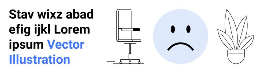 Fototapeta premium Office chair, sad face, and potted plant convey workplace emotions, productivity, and environment. Ideal for mental health, work stress, office culture, interior design decor mood flat landing