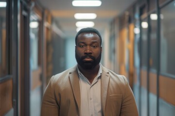 Obraz premium Portrait of a confident black man in office hallway