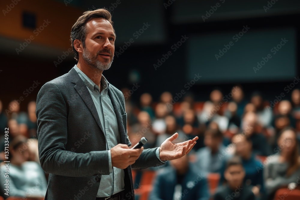 Poster Engaging speaker presents ideas to a captivated audience in a modern lecture hall during a university event