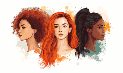 Diverse women's portraits side by side with colorful hair, detailed art - vector
