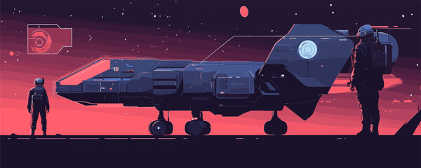Futuristic spaceship landing on alien planet with astronauts under starry sky, vector