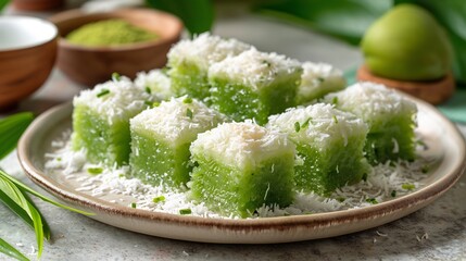 Malaysian kuih talam two layer coconut pandan dessert cut into cubes on white plate