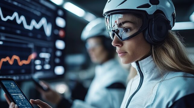 Female athlete analyzing performance data on a tablet in a high-tech training facility