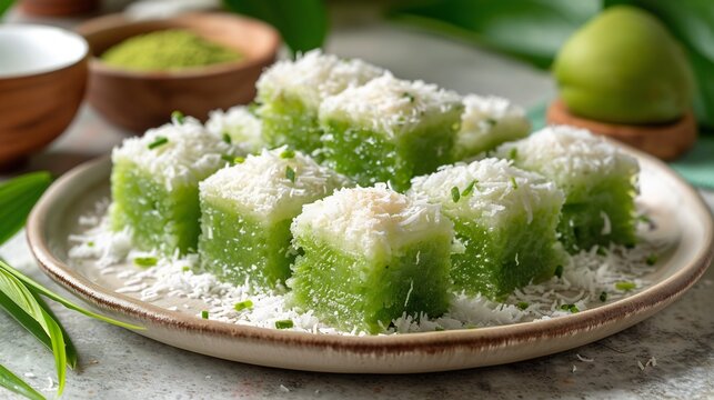 Malaysian kuih talam two layer coconut pandan dessert cut into cubes on white plate