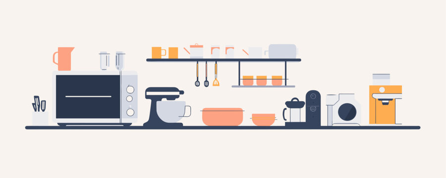 Modern kitchen appliances and utensils on shelves vector