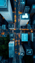 Aerial view of a bustling urban intersection, showcasing skyscrapers, illuminated streets, and a patch of greenery amidst the cityscape.
