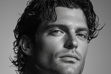 A close-up portrait of a man with long, well-groomed hair and a serious expression, set against a minimalistic background