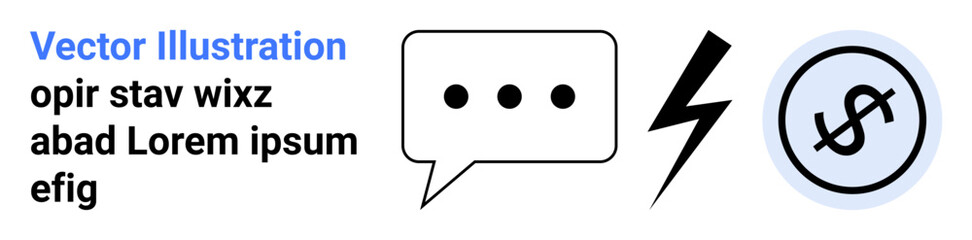Speech bubble with three dots, lightning bolt, and dollar sign inside a circle. Ideal for communication, energy, economy, finance, business, marketing creativity simple landing page