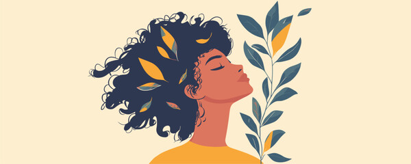 Stylish woman with curly hair and leaves, nature-themed vector