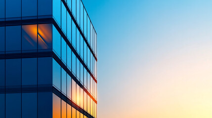 Fototapeta premium A modern glass building reflects a vibrant sunset, showcasing sleek architecture and a play of colors in the sky.