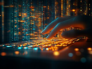 Hand typing on keyboard, digital code