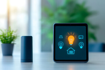 A modern tablet displays smart home icons, including a light bulb, alongside a sleek smart speaker, set against a minimalist background.