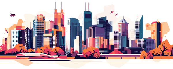 Modern urban skyline with autumn trees and flying birds - vector