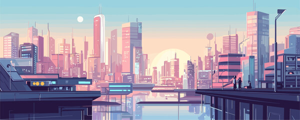 Futuristic skyline at sunset with reflections and modern buildings &ndash; vector