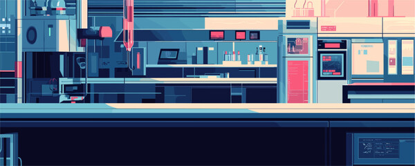 Futuristic laboratory interior with advanced equipment and digital screens - vector
