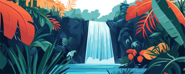 Tropical waterfall in lush jungle with colorful foliage - vector
