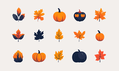 Autumn leaves and pumpkins collection with various colors and shapes vector