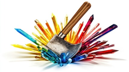 Vibrant Crystal Burst with Axe A Fusion of Fantasy and Power