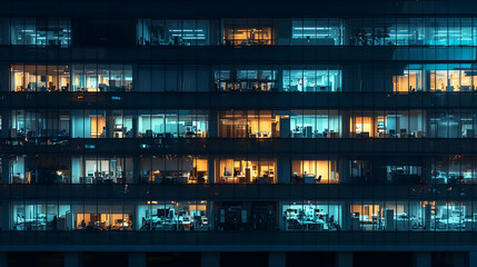 Night View Of Illuminated Office Building Facade
