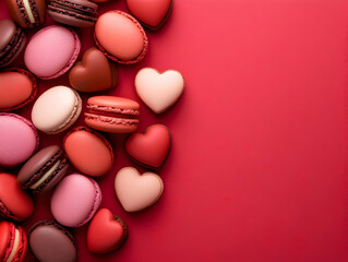 Fototapeta premium Photo of Colorful Macarons and Heart Shaped Sweets on Red Background