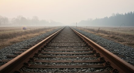 Fototapeta premium Endless Journey: A Misty Railroad Track Vanishing into the Horizon