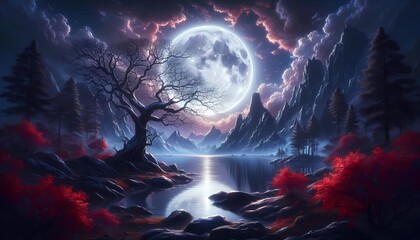 Ethereal fantasy environment with a radiant moon, towering rocks, and vivid red foliage creating a magical atmosphere