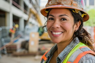 Smiling portrait of a Hispanic female construction worker working on a construction site in Los Angeles