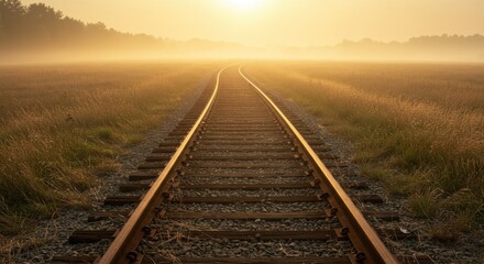 Obraz premium Golden Hour Railroad Tracks Vanishing into Misty Sunrise Landscape