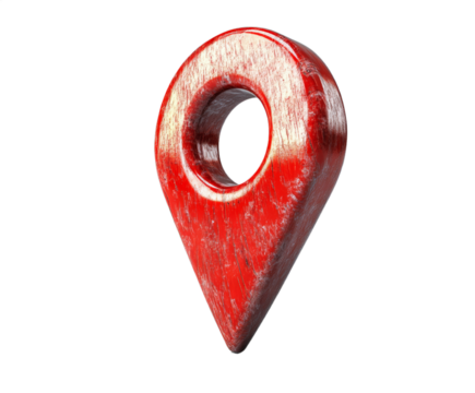 A vibrant red location pin with a smooth wooden texture is showcased on a simple surface, emphasizing its role in digital mapping and navigation activities, symbolizing places and destinations
