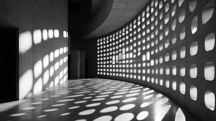 Obraz premium Curved concrete hallway, sunlit perforated wall, shadows, modern architecture, interior design