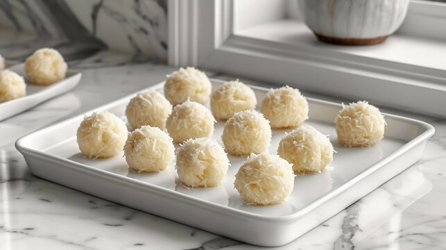 Mexican cocadas coconut macaroons shaped into mounds placed clean white ceramic tray