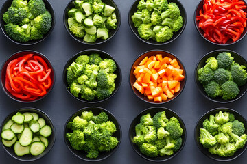 Photo of Colorful Fresh Vegetables in Black Bowls Arranged Overhead