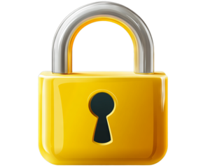 A bright yellow padlock with a metallic silver shackle is prominently displayed against a plain white background, representing safety and security for belongings or information