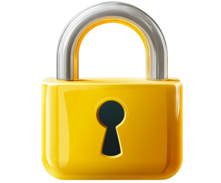 A bright yellow padlock with a metallic silver shackle is prominently displayed against a plain white background, representing safety and security for belongings or information
