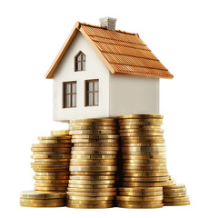 A miniature house sits atop large stacks of gold coins, representing the concept of real estate investment and wealth accumulation