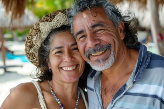 Smiling portrait of a middle aged Hispanic couple on a vacation on a tropic beach - Powered by Adobe